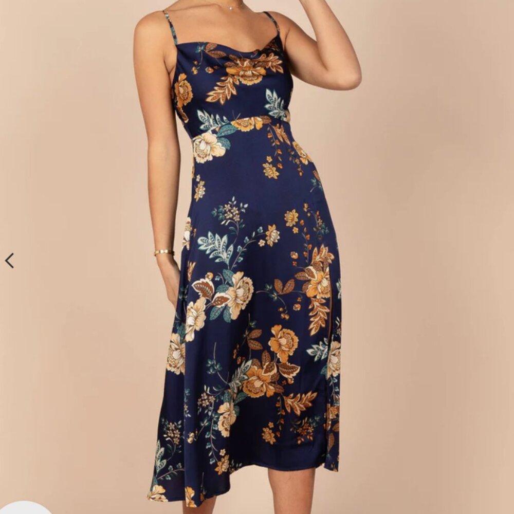 Alejandra Cowl Midi Dress in Navy - NWT
